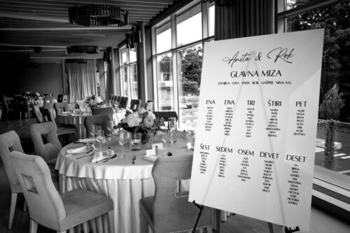 Personalizirana tabla za sedežni red – vezana plošča ali pleksi Personalizirana tabla s sedežnim redom iz pleksi stekla ali vezane plošče z UV-tiskom, prilagodljiva velikost in oblikovanje.