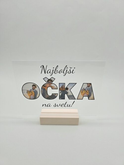 Personalizirana dekoracija "Najboljši Očka" s štirimi fotografijami in lesenim podstavkom.