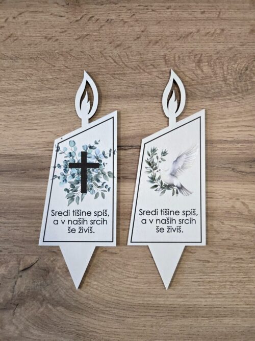 Lesena spominska sveča za zapičit z UV tiskom – križ in golo