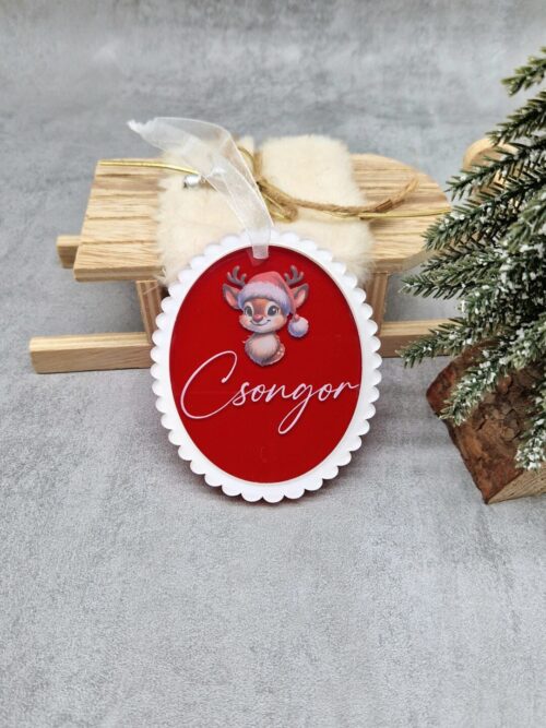 Jelenčkov okrasek z imenom iz pleksi stekla z UV tiskom.